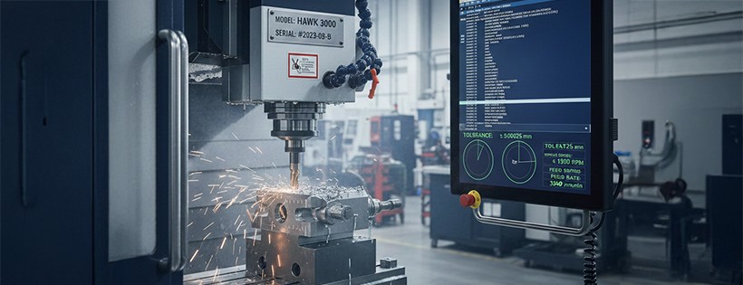 Hochpräzises CNC-Fräsen eines Metallwerkstücks mit sichtbarer Funkenbildung und digitaler Prozessüberwachung am Monitor.
