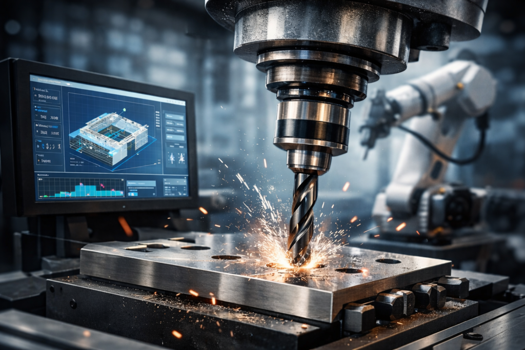 Präzises CNC-Bohren eines Metallbauteils mit moderner Fertigungstechnologie in der industriellen Produktion