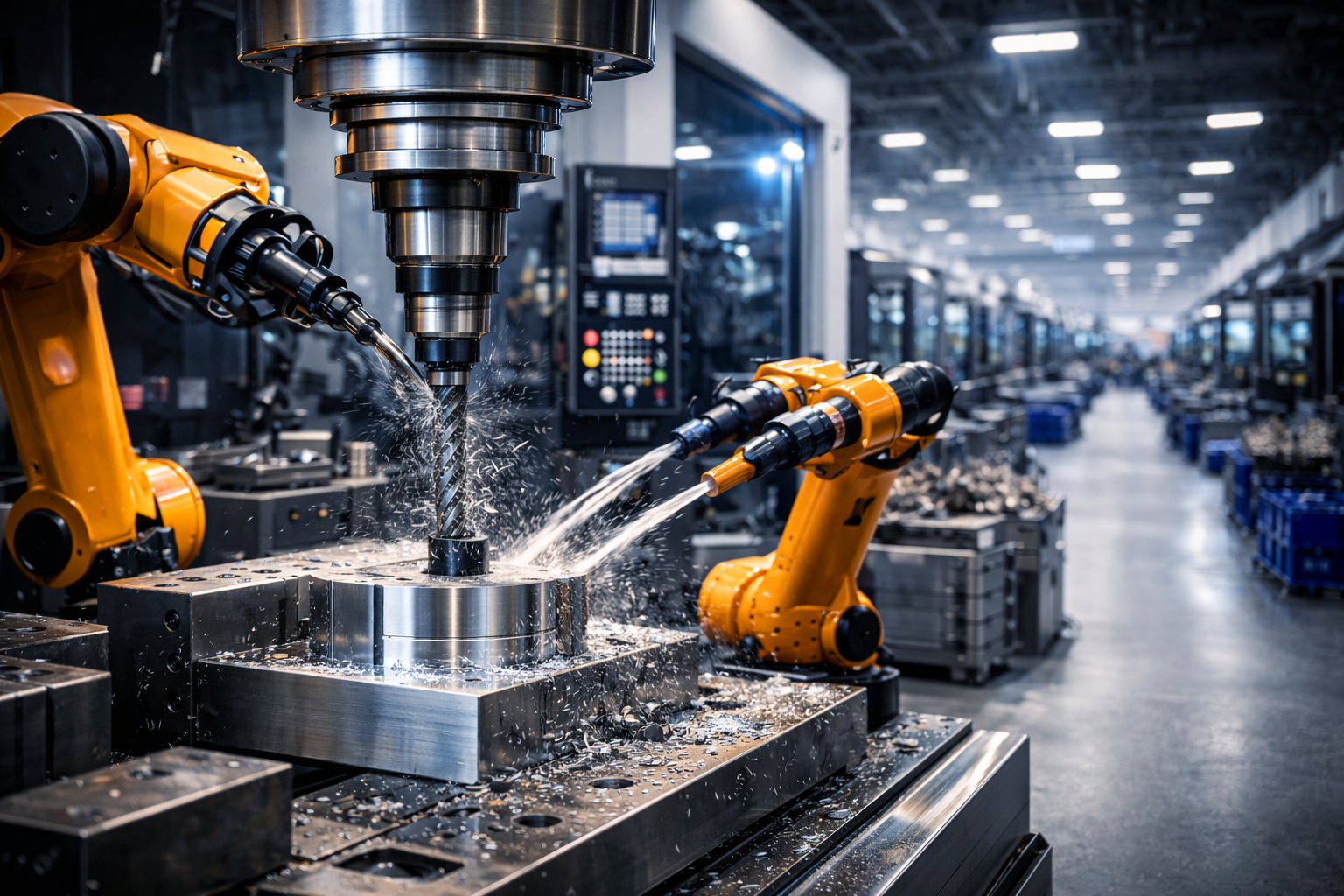 CNC-Bearbeitung eines Metallbauteils mit Fräswerkzeug und Roboterarm