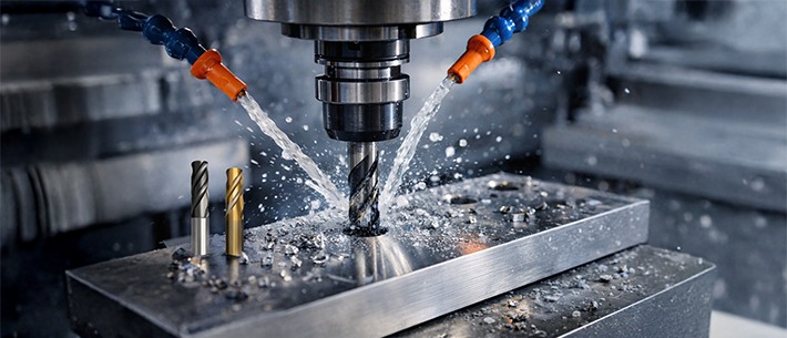 CNC-Bohren an einem Metallbauteil mit Kühlung für präzise Bohrungen